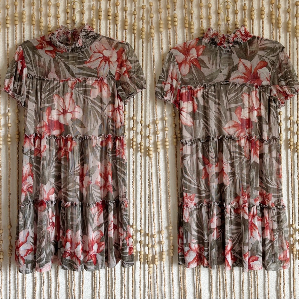 Kate Lily Tropical Floral Leaf Green Pink Tiered Short Sleeve Mesh Flowy Dress S
